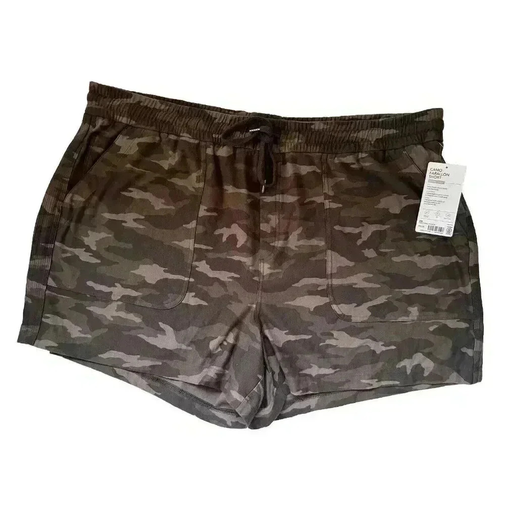 Athleta Black‎ Olive Camo Farallon Elastic Waist Pockets Shorts Size 26 NEW